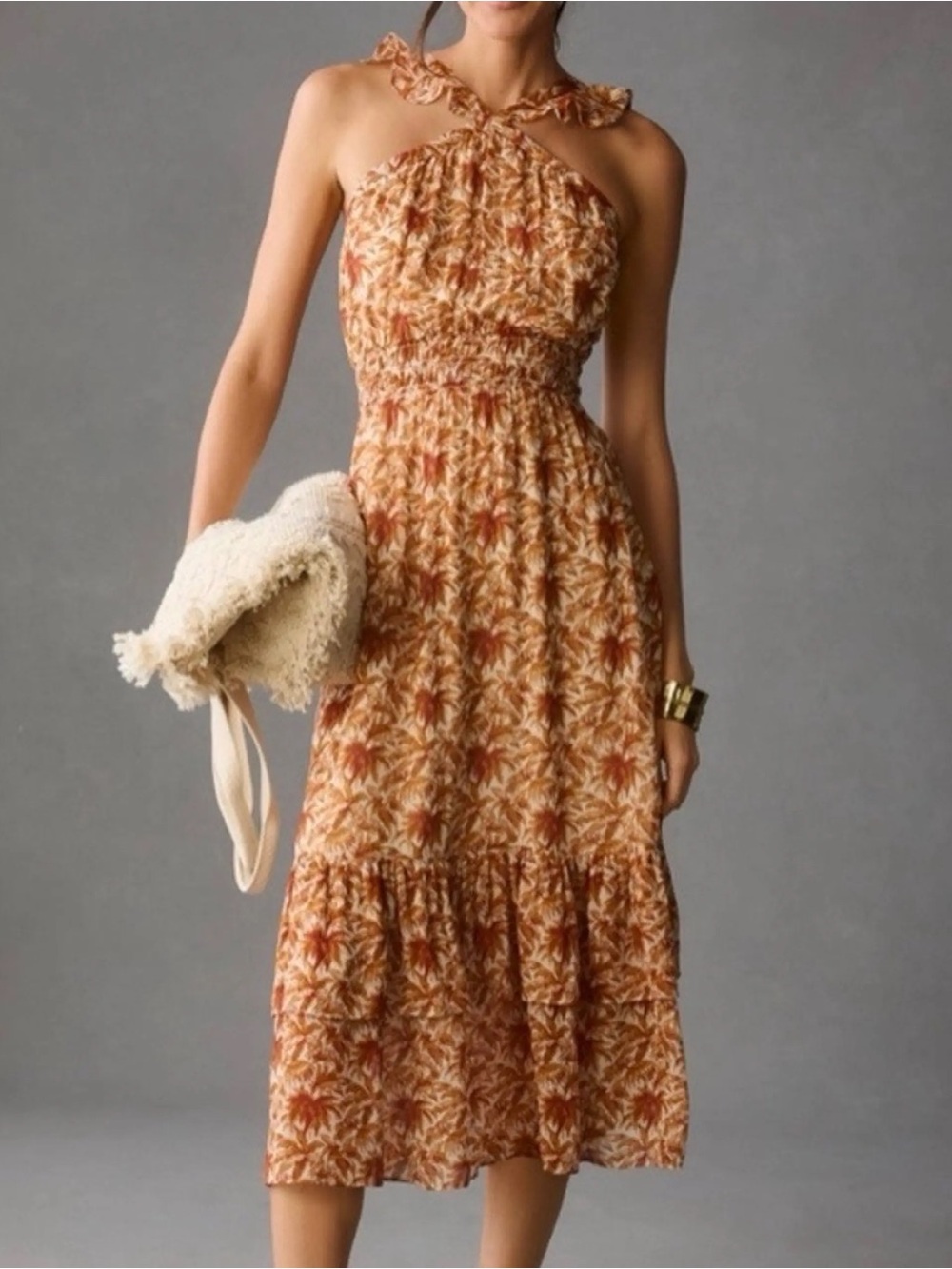 PAIGE Anthropologie Revolve Rust Floral Halter Smocked Midi Dress